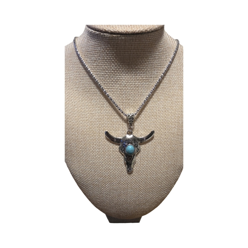 Western Silver &  Turquoise Bull Skull Pendant Necklace See All Colors